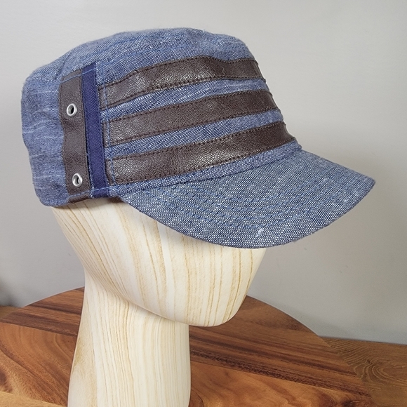 Cremieux Cadet Cap Women's Size M / L Blue Chambray Denim and Brown Faux Leather - Picture 11 of 16